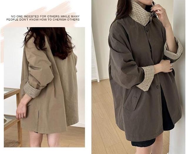 Collared Plain Button-Up Trench Coat Product Image