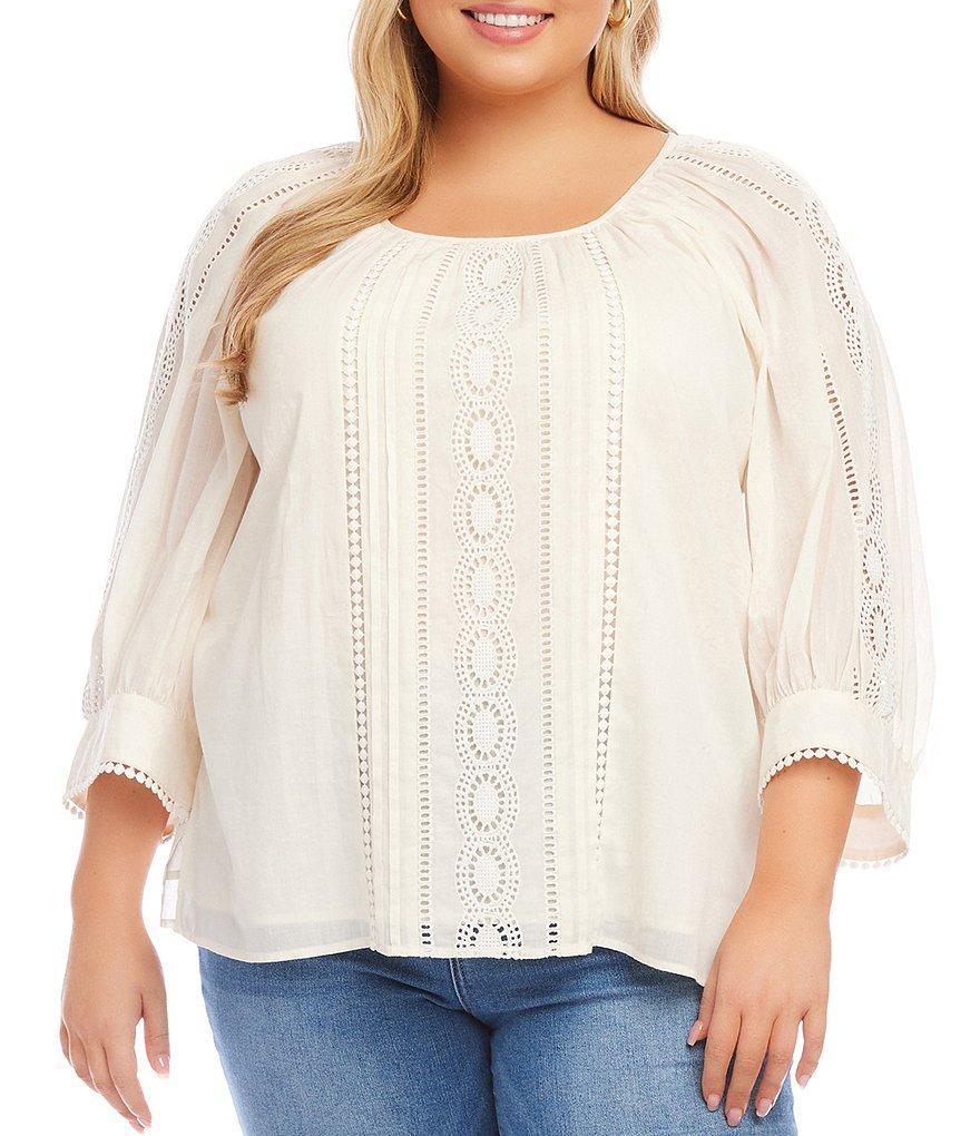 Karen Kane Plus Size Embroidered Lace Inset Cotton Scoop Neck Blouson Sleeve Top Product Image