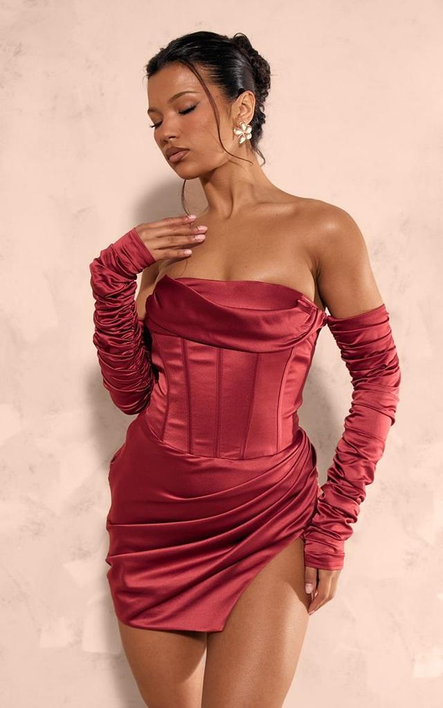 Cherry Red Satin Corset Ruched Sleeve Bodycon Dress Product Image