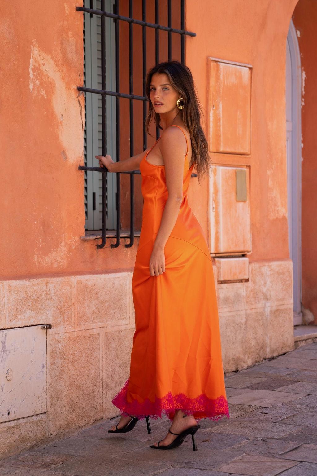 Gigi Orange Satin Maxi Dress Product Image