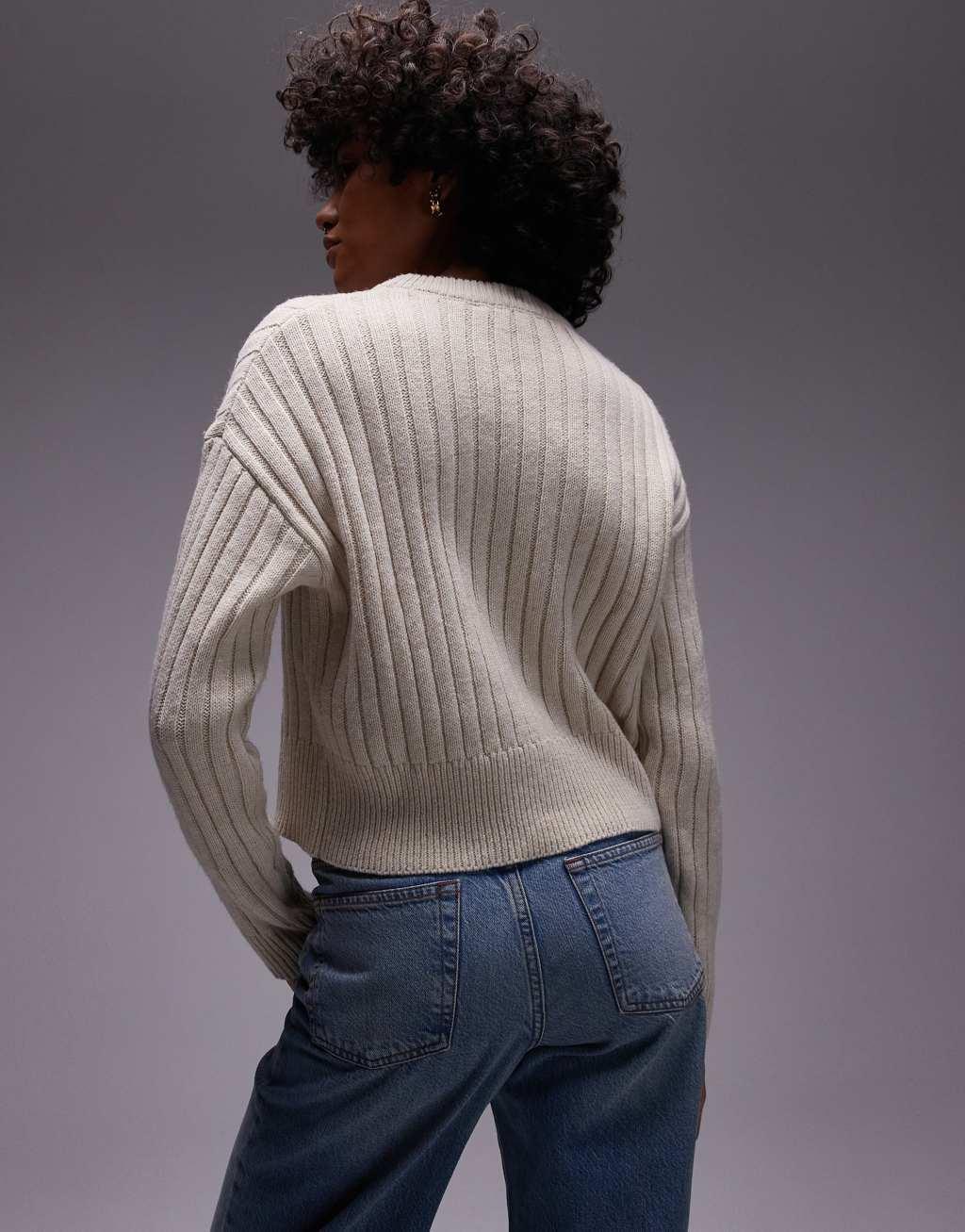 Mango chunky ribbed round neck sweater in oatmeal Product Image