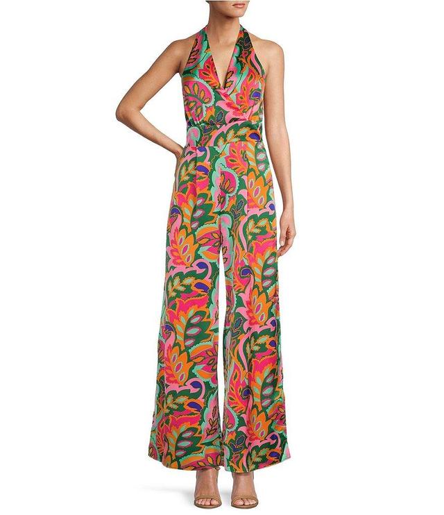 Sugarlips Satin Tropical Print Halter Neck V-Neck Sleeveless Jumpsuit Product Image