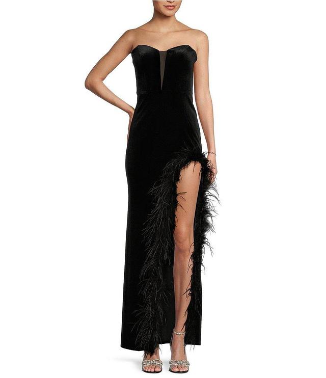 B. Darlin Strapless V-Neck Feather Trim Side Slit Long Dress Product Image