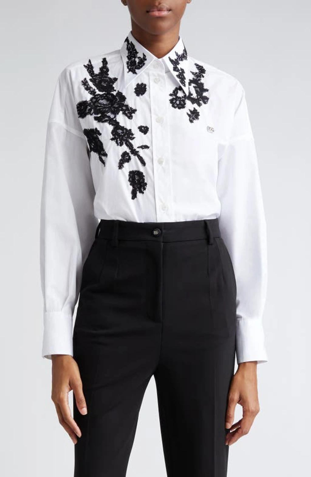 DOLCE & GABBANA Floral-lace Long-sleeve Shirt In Optic White Product Image