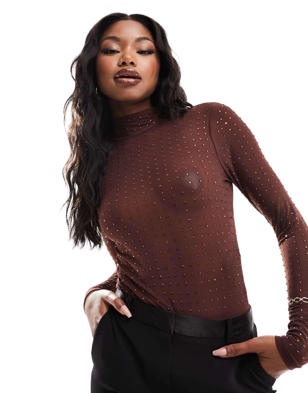 ASOS DESIGN hotfix crystal stud mesh bodysuit in chocolate Product Image