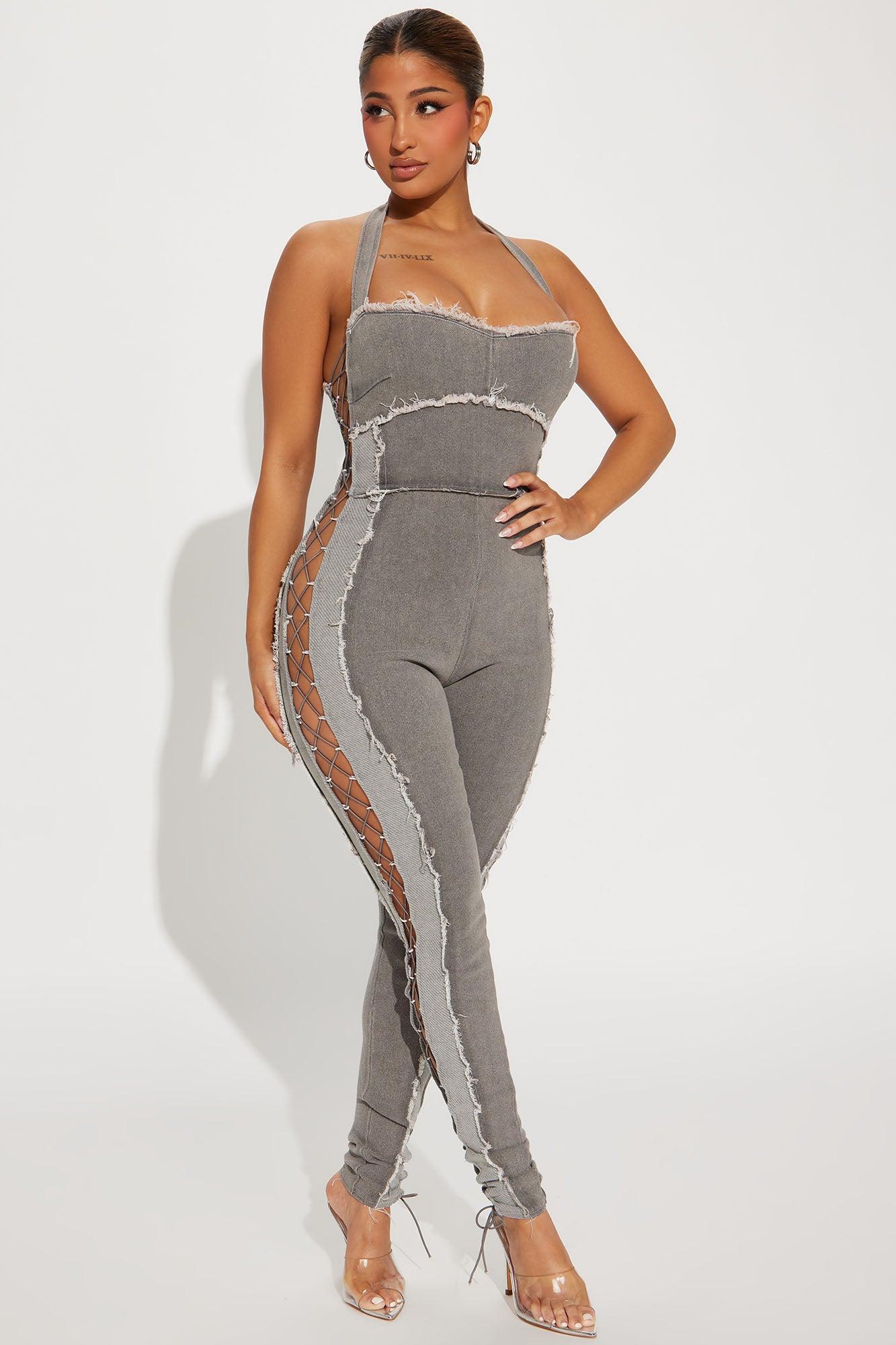 A Bit Flirty Denim Jumpsuit - Charcoal Product Image