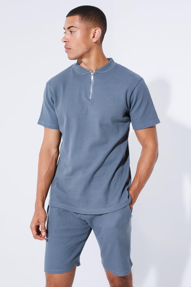 Slim Fit Waffle Bomber Neck Polo & Short Set | boohooMAN USA Product Image