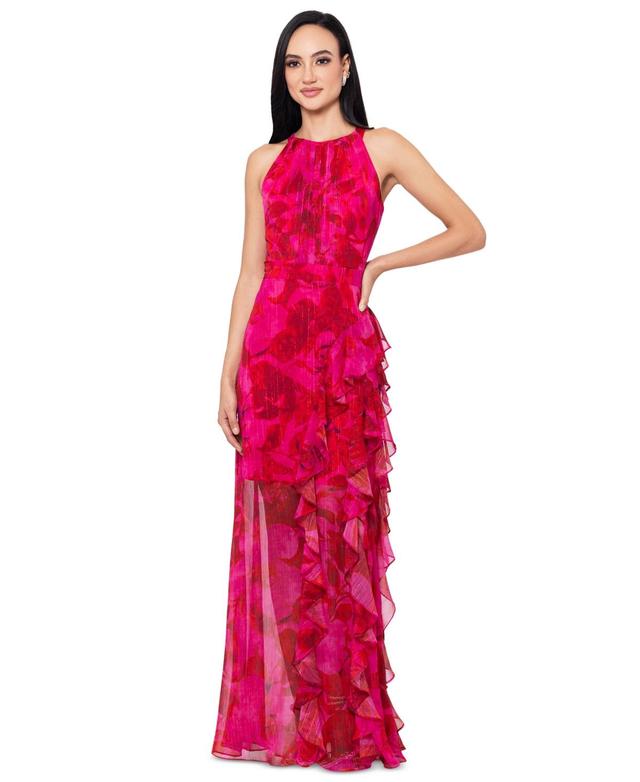 Women's Printed Ruffled Halter Gown Product Image