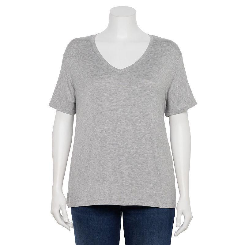 Plus Size Nine West Essential Soft Spun Short Sleeve V-Neck Tee, Womens Gray Fox Grey Product Image