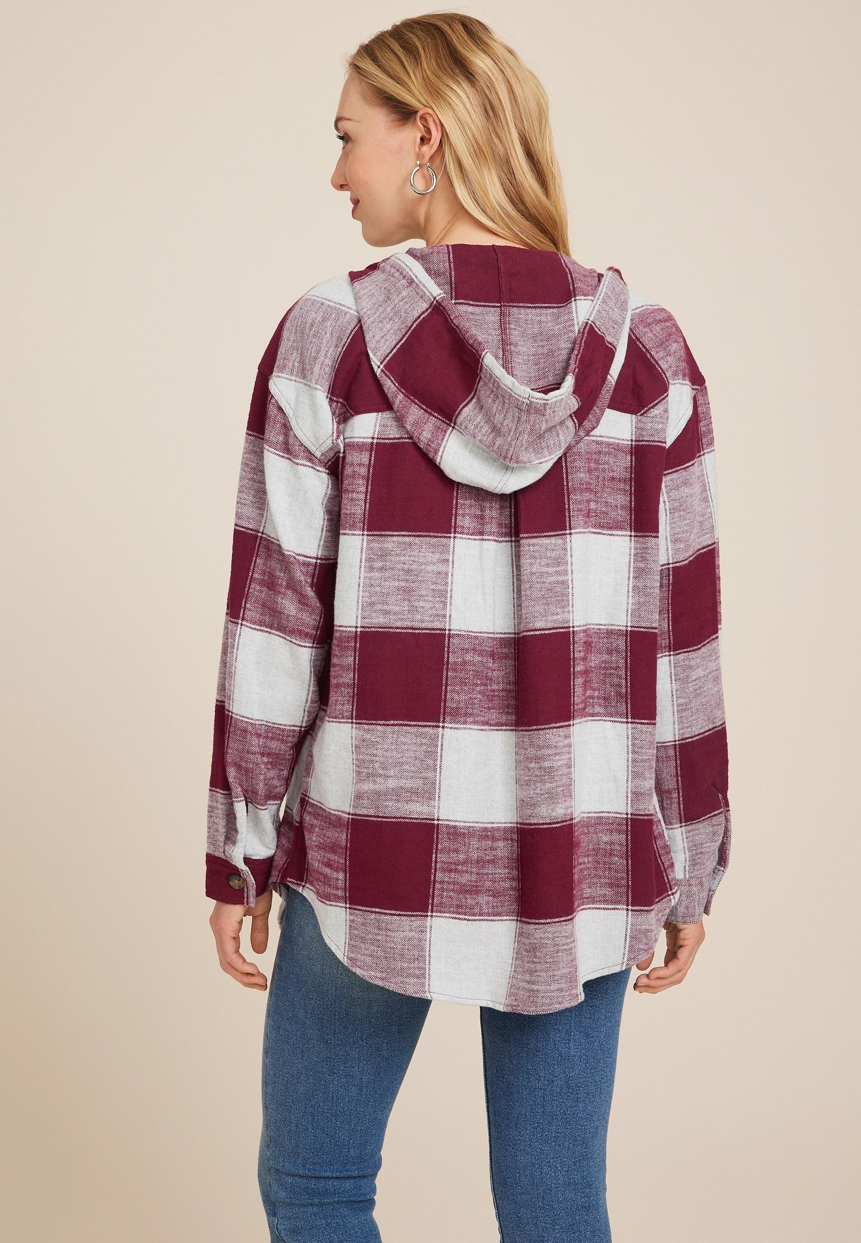 Cabin Plaid Boyfriend Hooded Button Down Shirt Product Image