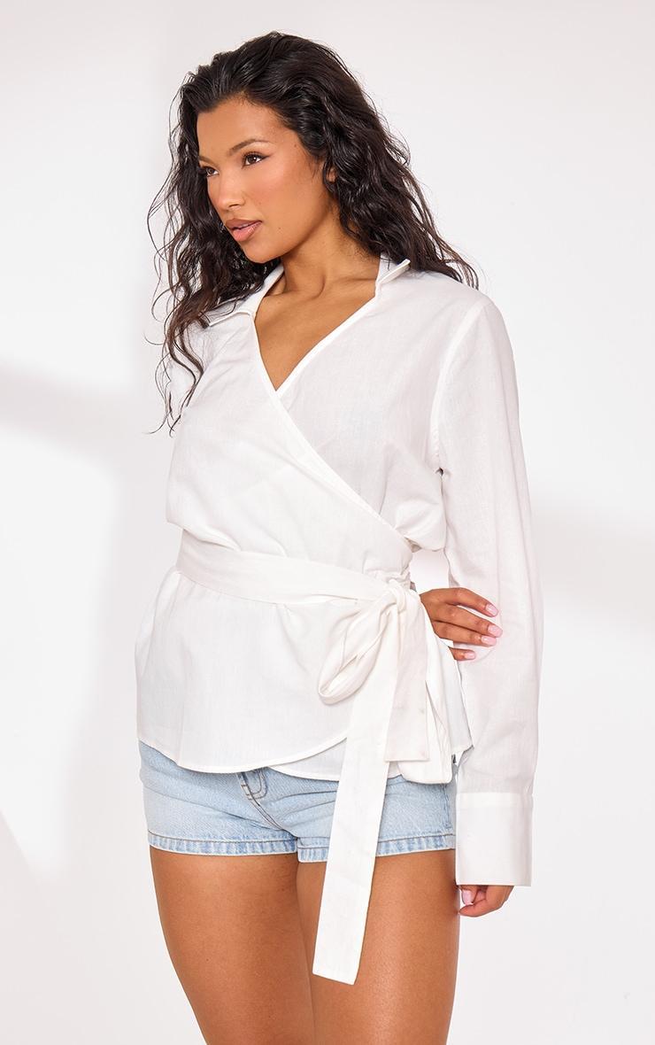 Cream Linen Wrap Tie Oversize Shirt Product Image