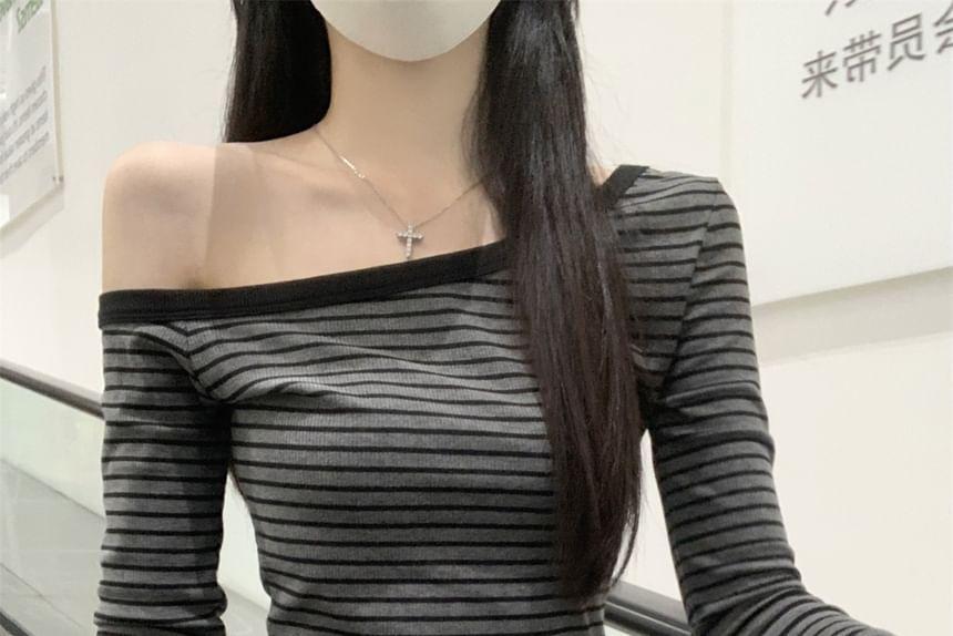 Long Sleeve One Shoulder Striped Tee Product Image