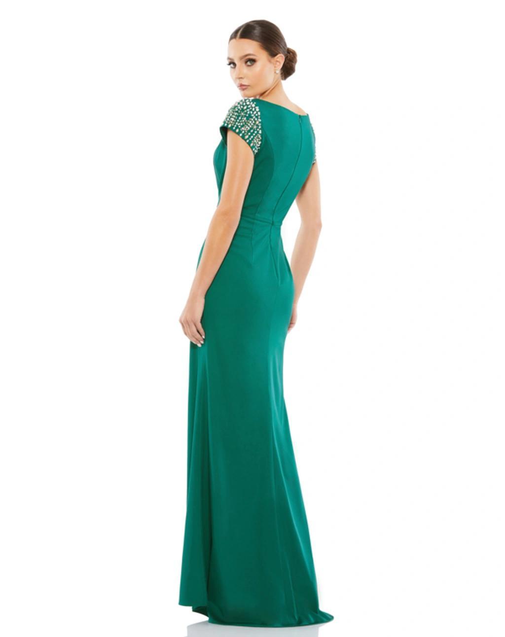 Beaded Cap Sleeve Beteau Column Dress In Green Product Image