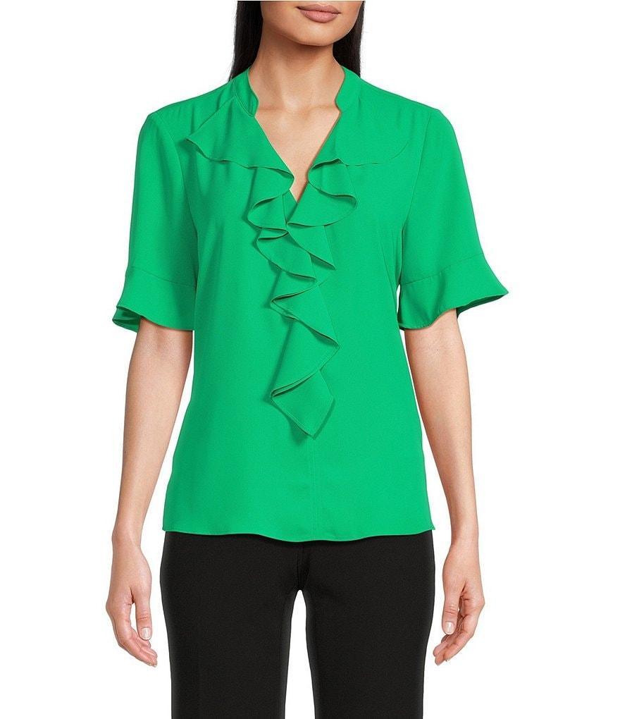 KARL LAGERFELD PARIS Short Sleeve Ruffle Front V-Neck Blouse Product Image