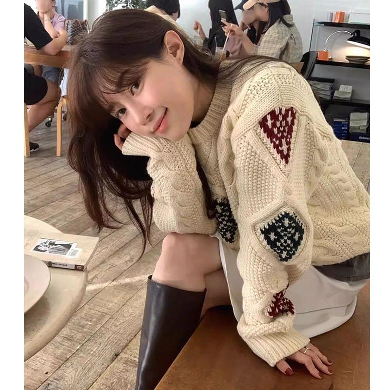 Crewneck Cable Knit Patchwork Sweater product image