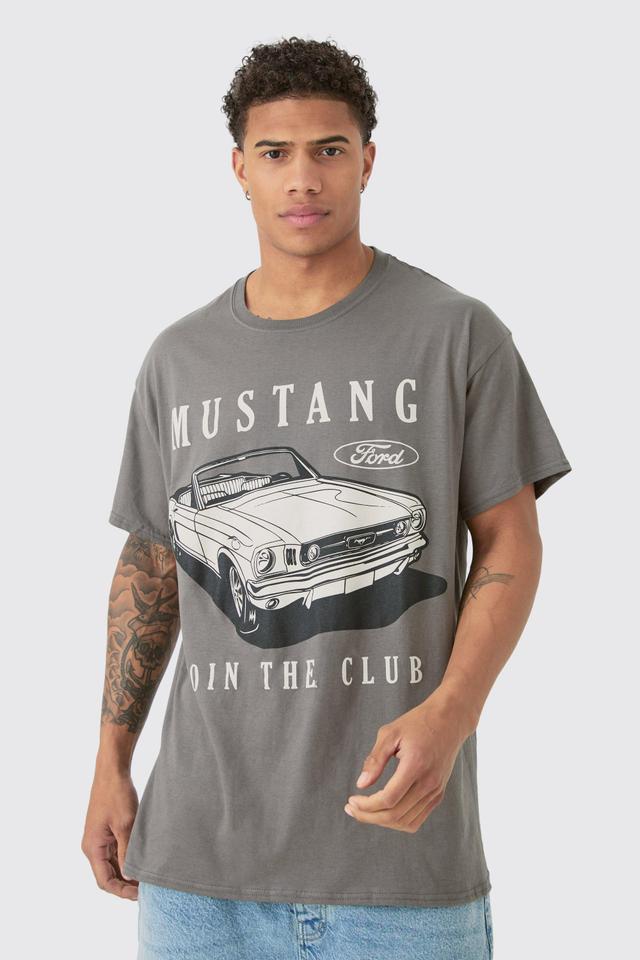 Mens Grey Oversized Ford Mustang Wash License Print T-shirt, Grey Product Image