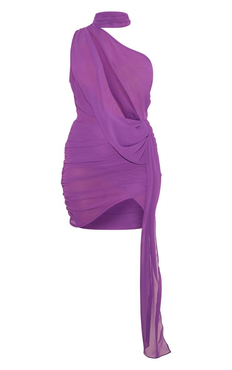 Purple Sheer Chiffon Ruched Detail Asymmetric Drape Bodycon Dress Product Image