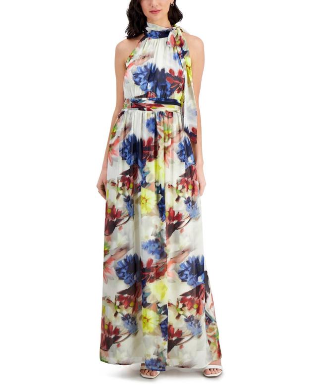 Women's Printed Tie-Neck Sleeveless Smocked-Waist Maxi Dress Product Image