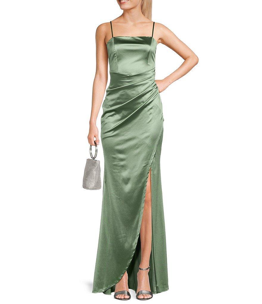 Honey and Rosie Spaghetti-Strap Square-Neck Faux-Wrap Slit Hem Stretch Satin Long Dress product image