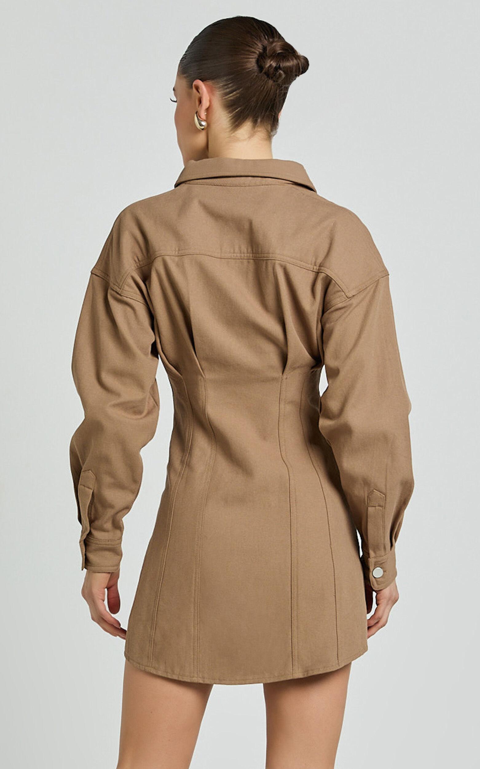 Sofia Mini Dress - Button Through Long Sleeve Dress in Mocha Product Image