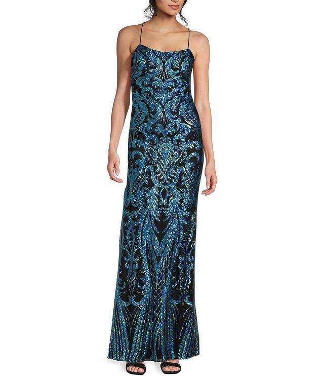 Next Up Pattern Sequin Cross Back Strap Long Dress Product Image