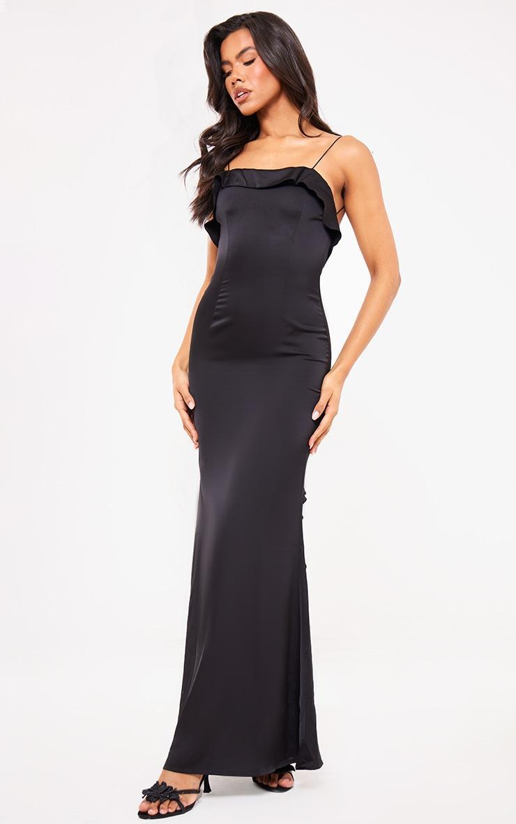 Black Satin Draped Frill Back Detail Maxi Dress Product Image