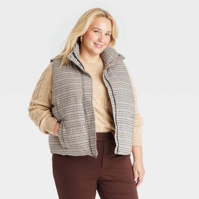 Women's Puffer Vest - A New Day™ Brown Plaid XS Product Image