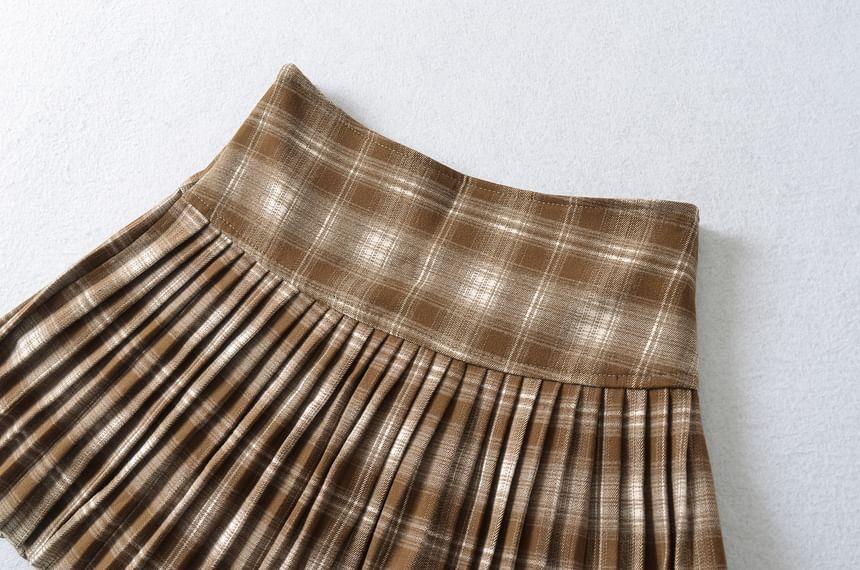 High Waist Plaid Mini Pleated A-Line Skirt Product Image