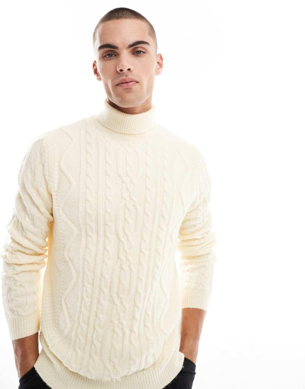 ASOS DESIGN heavyweight cable knit turtleneck sweater in cream Product Image