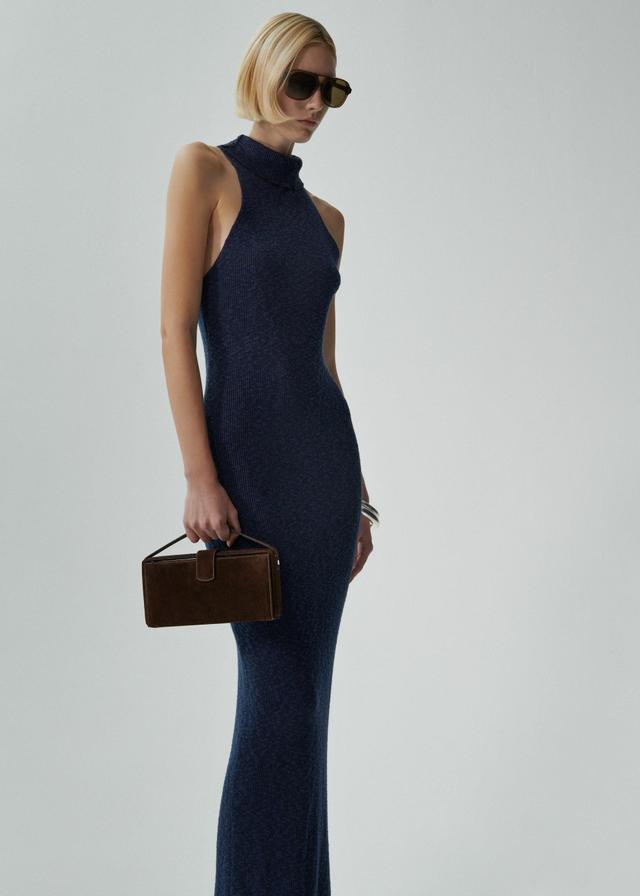 Boucle halter knitwear dress in navy Product Image