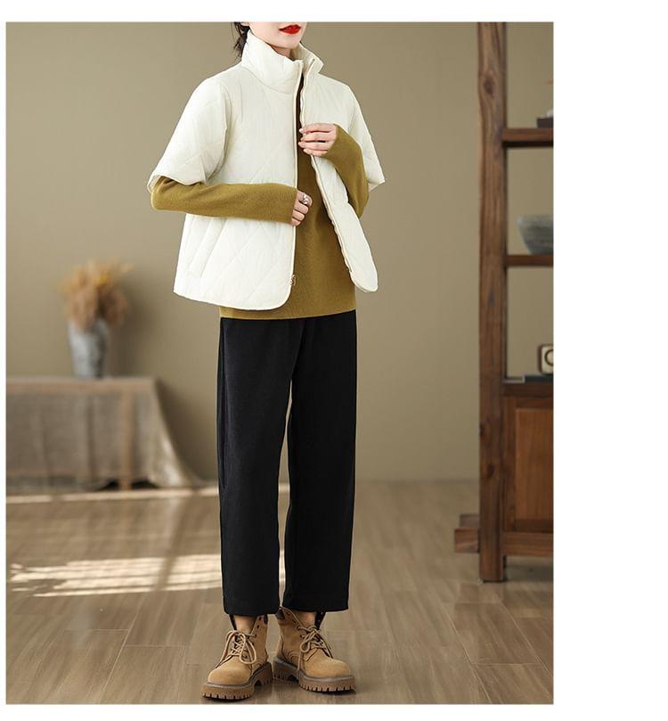 Short Sleeve Stand Collar Plain Quilted Drawstring Waist Zip Jacket Product Image