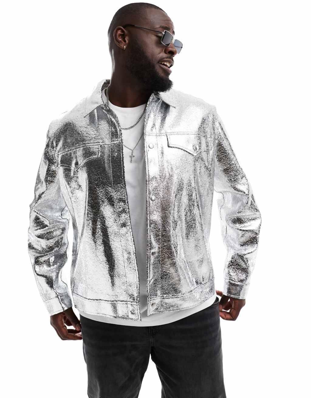 ASOS DESIGN faux leather western jacket in silver crackle Product Image