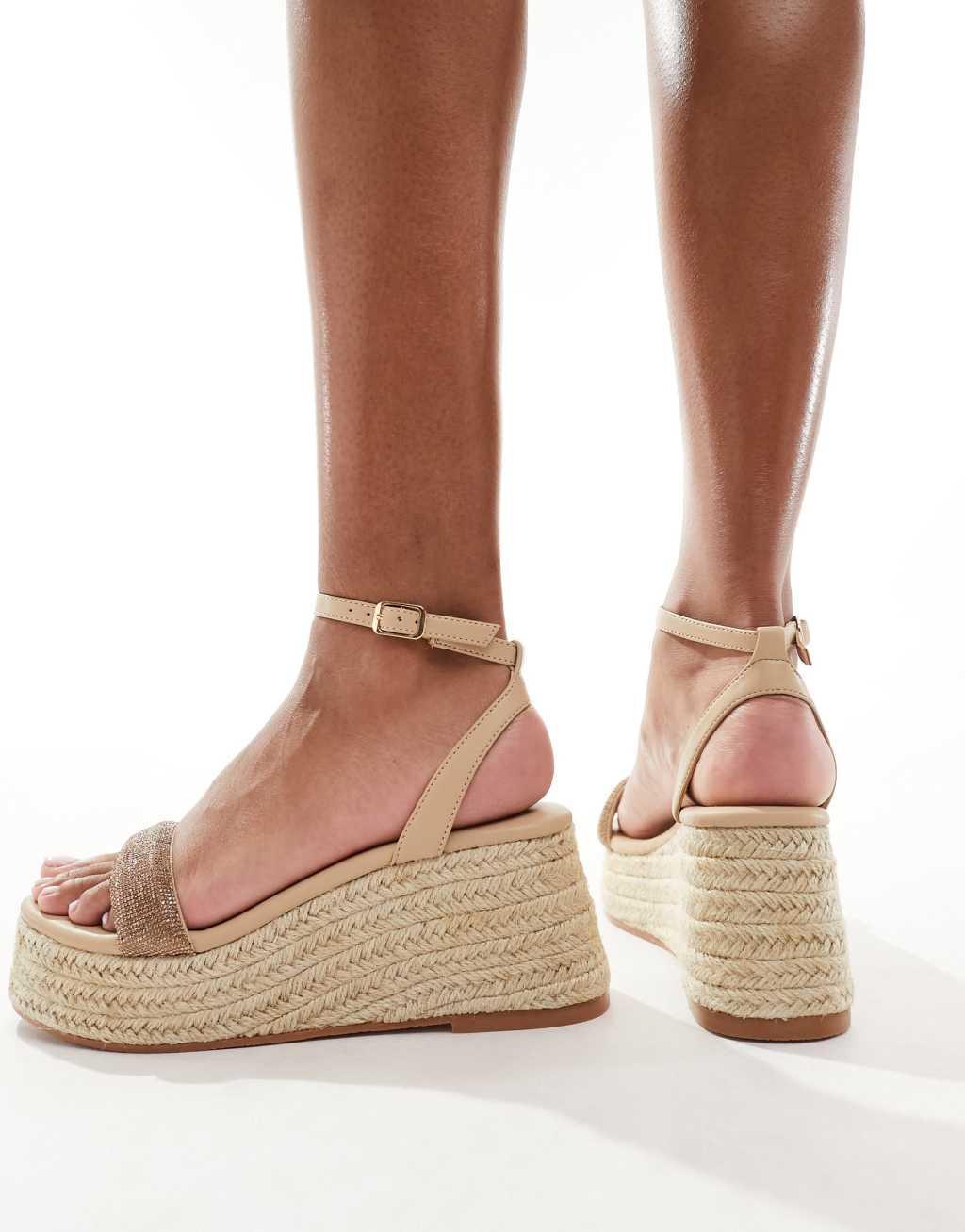 Glamorous espadrilles platform heeled sandals in gold diamante Product Image