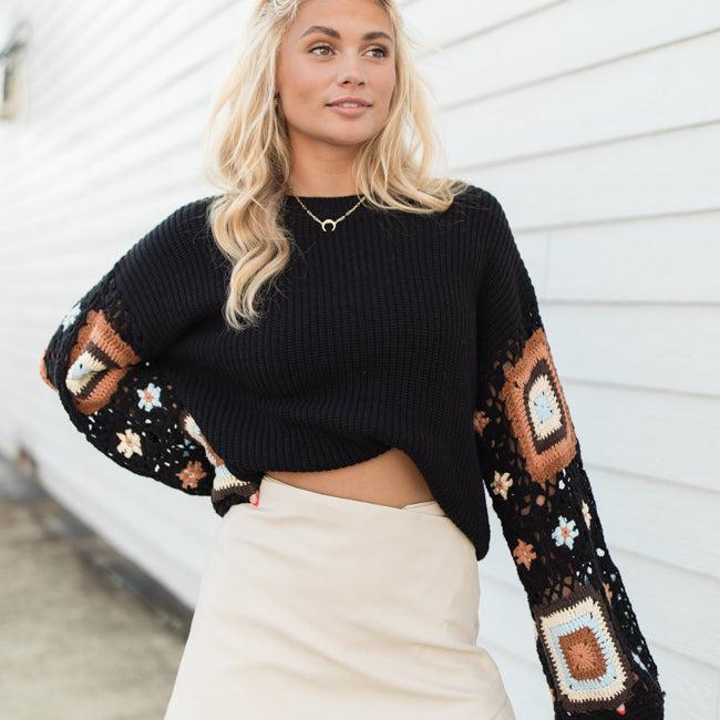 Let's Figure It Out Black Crochet Sleeve Sweater Product Image