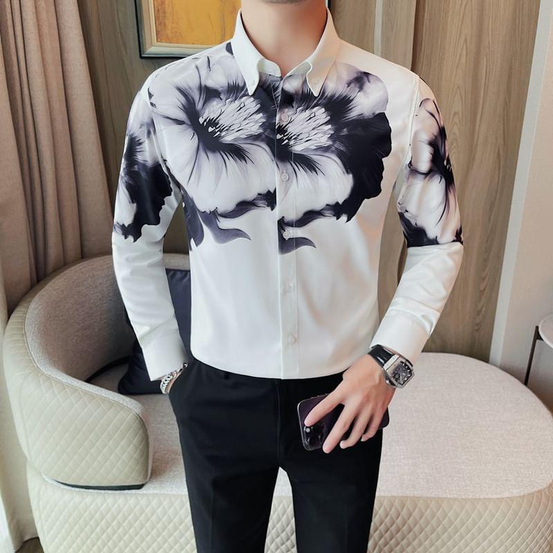 Long Sleeve Band Collar Floral Print Shirt Product Image