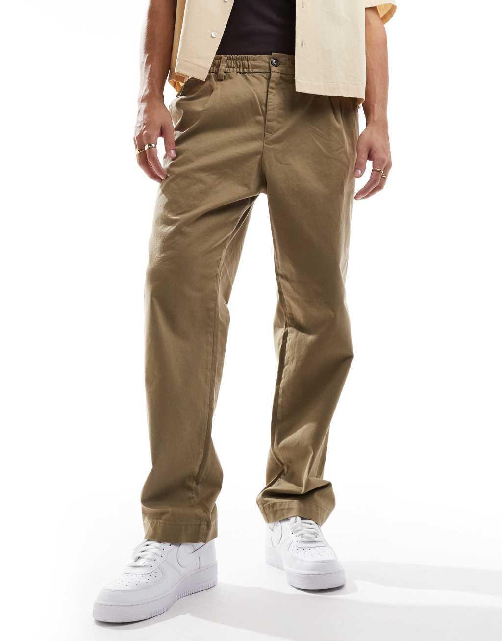 Jack & Jones loose fit pull on chino with pleated front in beige Product Image