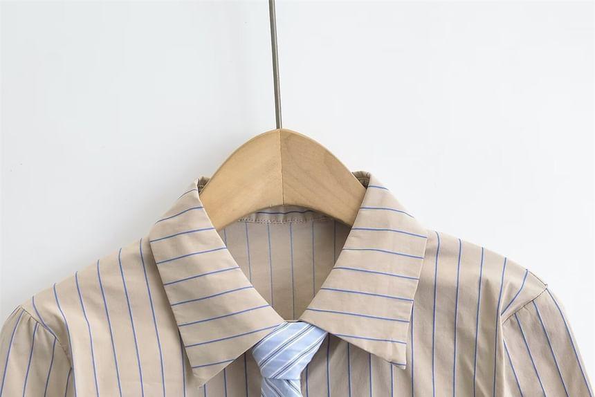 Long Sleeve Collared Striped Shirt with Necktie Product Image