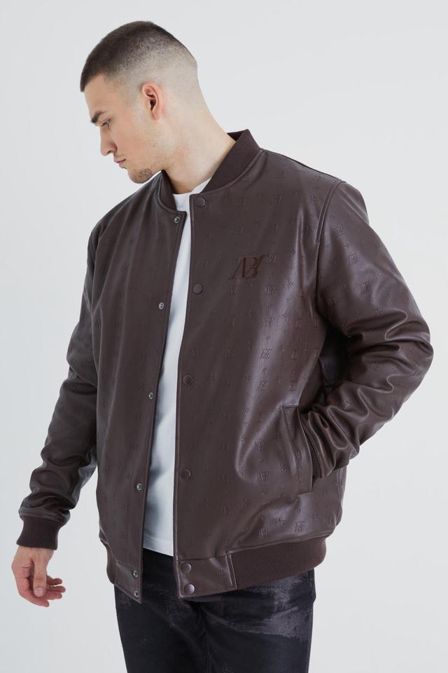 Tall Embossed Pu Varsity Jacket With Badge | boohooMAN USA Product Image