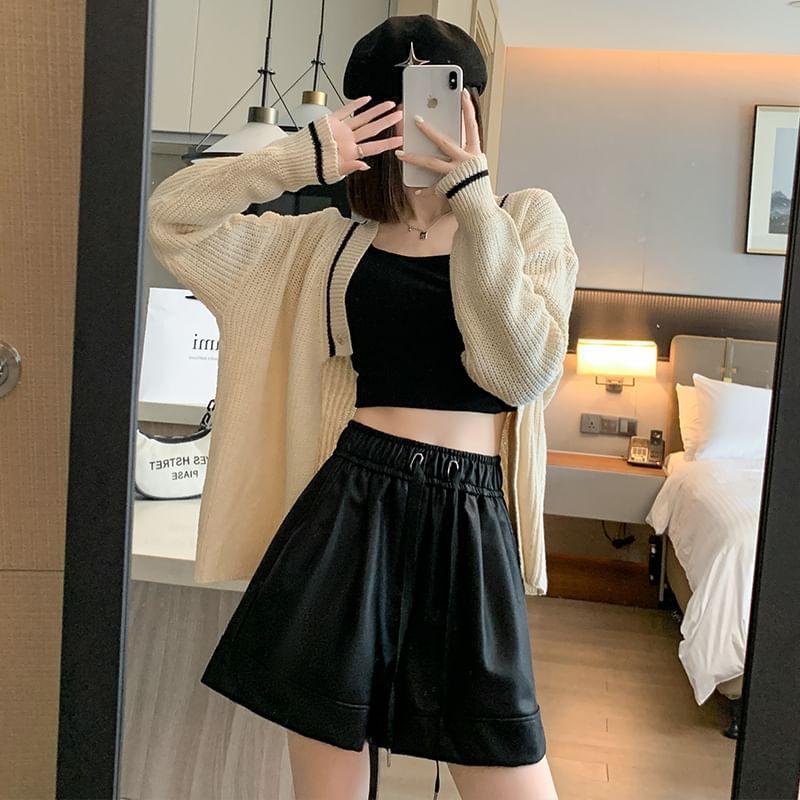 High Waist Plain Faux Leather Wide Leg Shorts Product Image