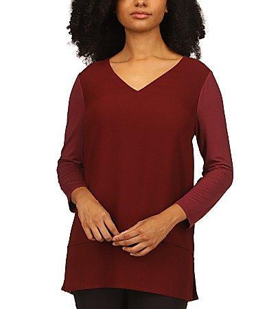 MICHAEL Michael Kors Mixed Woven Knit Layered Hem V-Neck 34 Sleeve Shirt Product Image