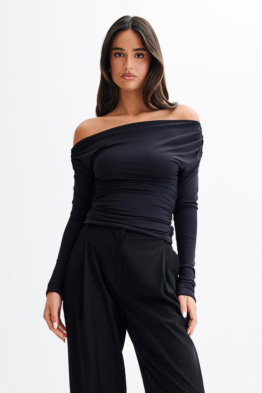 Alayna Long Sleeve Recycled Nylon Ruched Top - Black product image