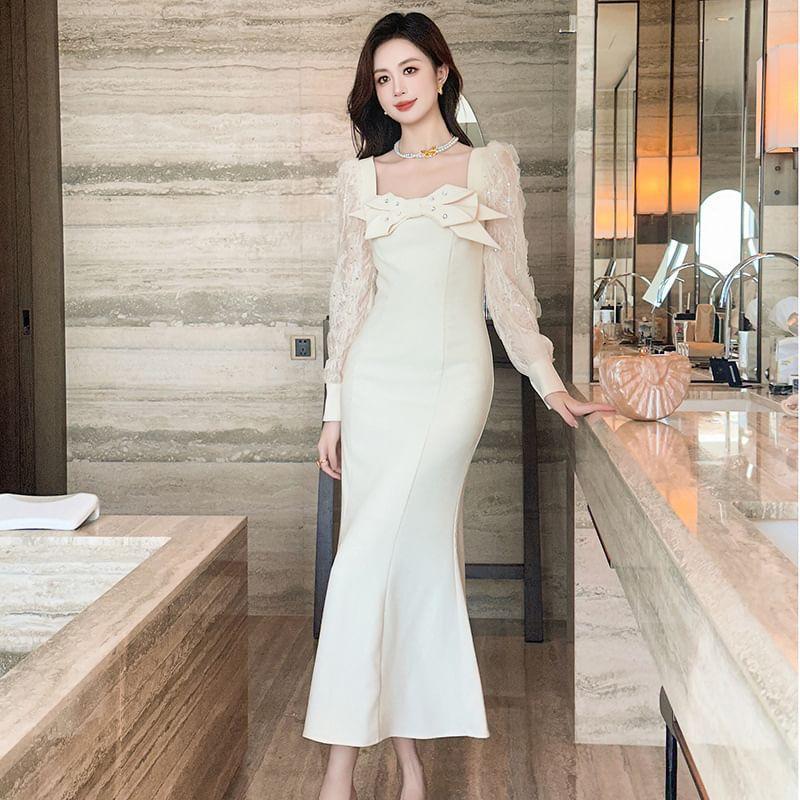 Long-Sleeve Bow Lace Panel Midi Mermaid Dress Product Image