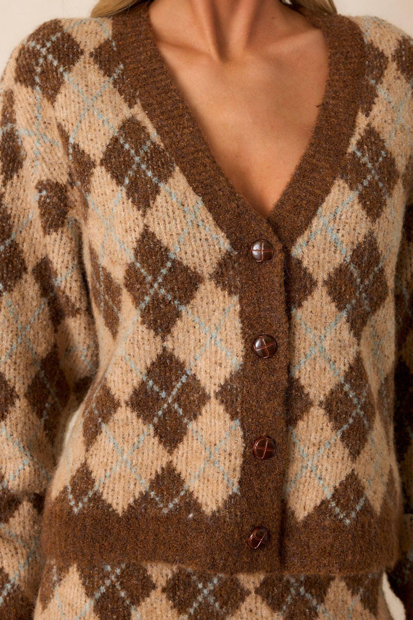 Radiant Moon Brown Argyle Knit Cardigan Product Image