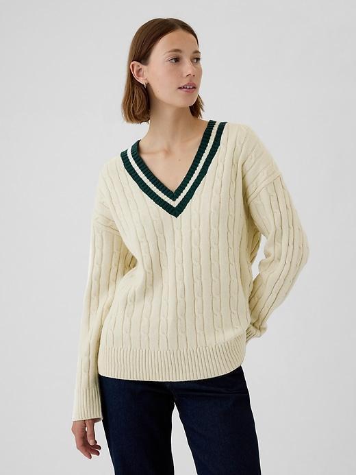 CashSoft Varsity Cable-Knit Sweater Product Image