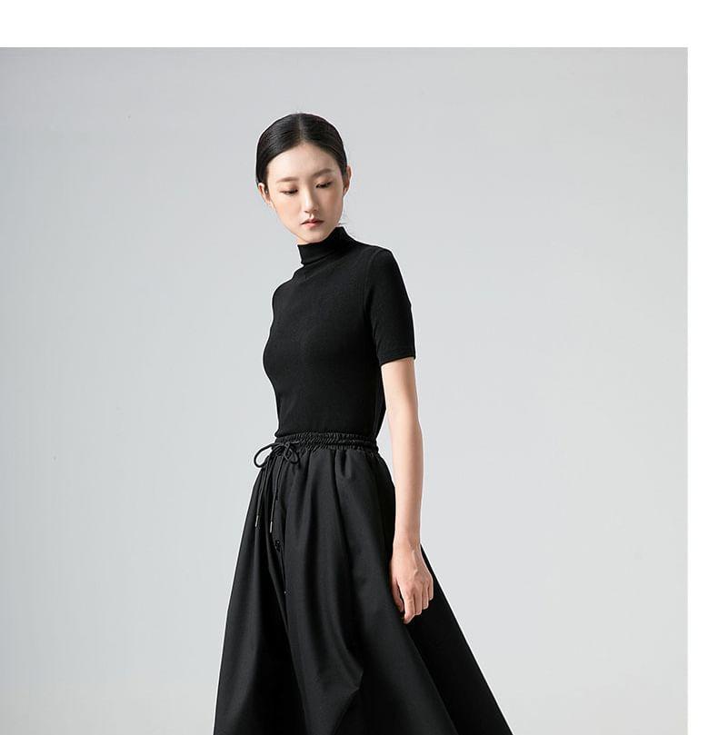 Drawstring Waist Plain Asymmetrical Buttoned Midi A-Line Skirt Product Image