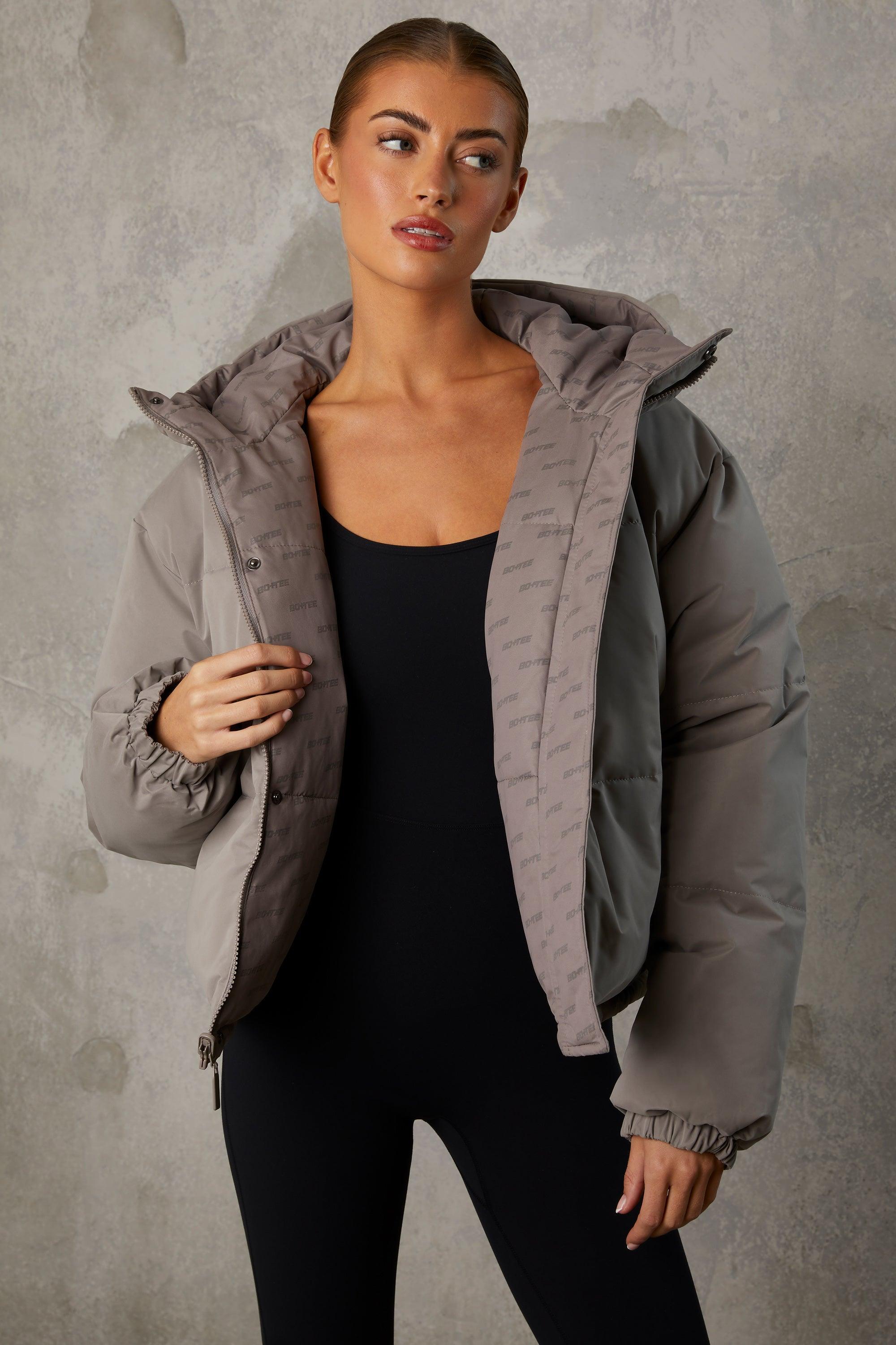 Reversible Hooded Puffer Jacket in Warm Grey Product Image