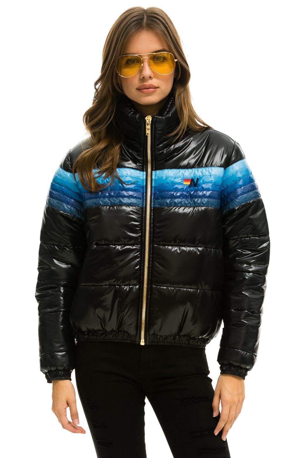 5 STRIPE LUXE APRES PUFFER JACKET - GLOSSY BLACK // BLUE STRIPES Female Product Image