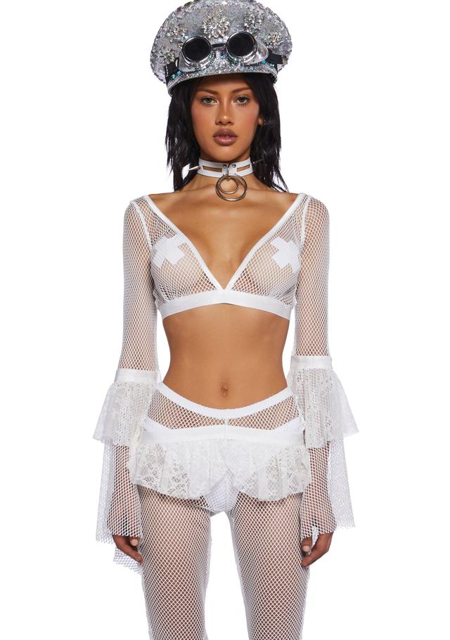 Club Exx Burning Man Fishnet Bell Sleeve Bra Top - White Product Image