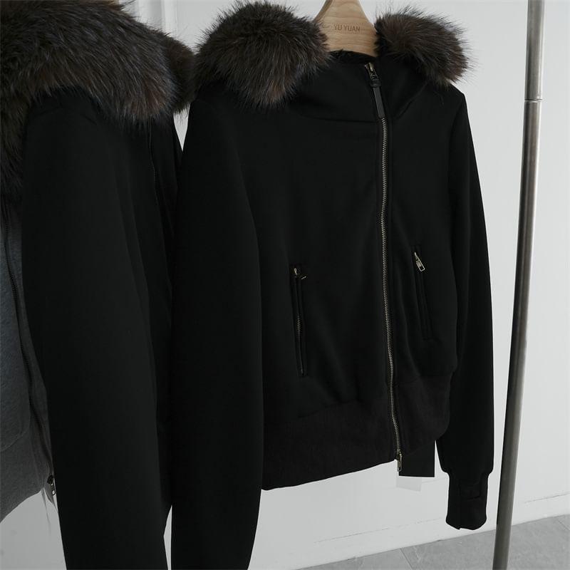 Fluffy Hooded Plain Zip Jacket Product Image