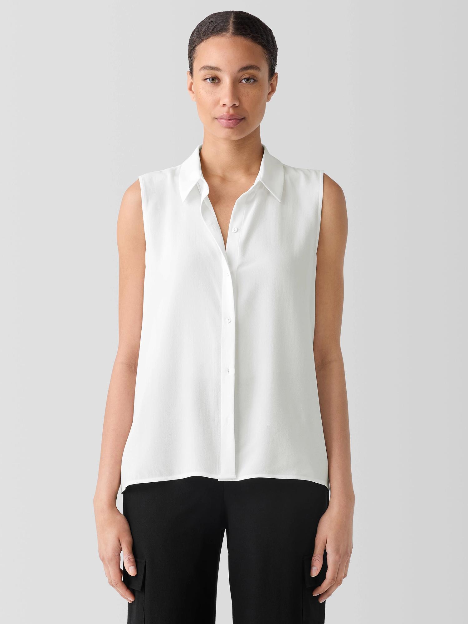 EILEEN FISHER Silk Georgette Crepe Classic Collar Sleeveless Shirtfemale Product Image